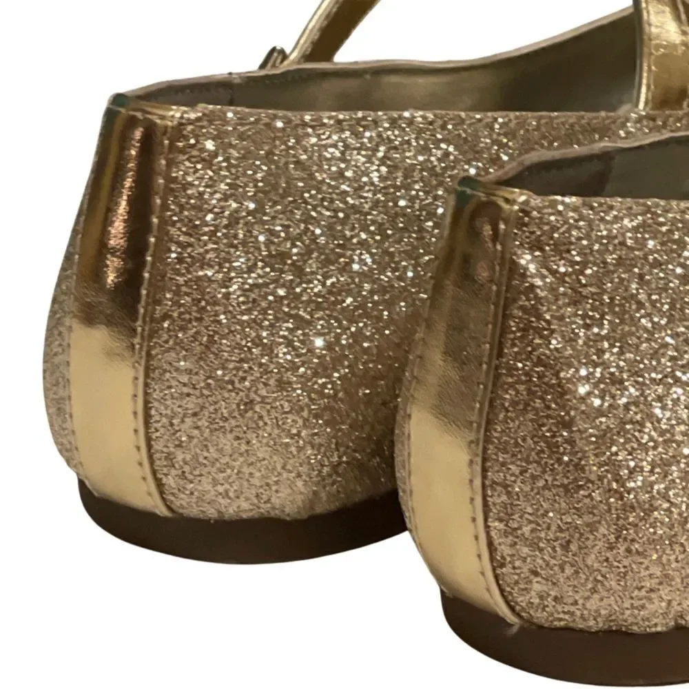 LANDS' END Girls'  Sparkly Gold Mary Jane T Strap Dress Shoes Size 6